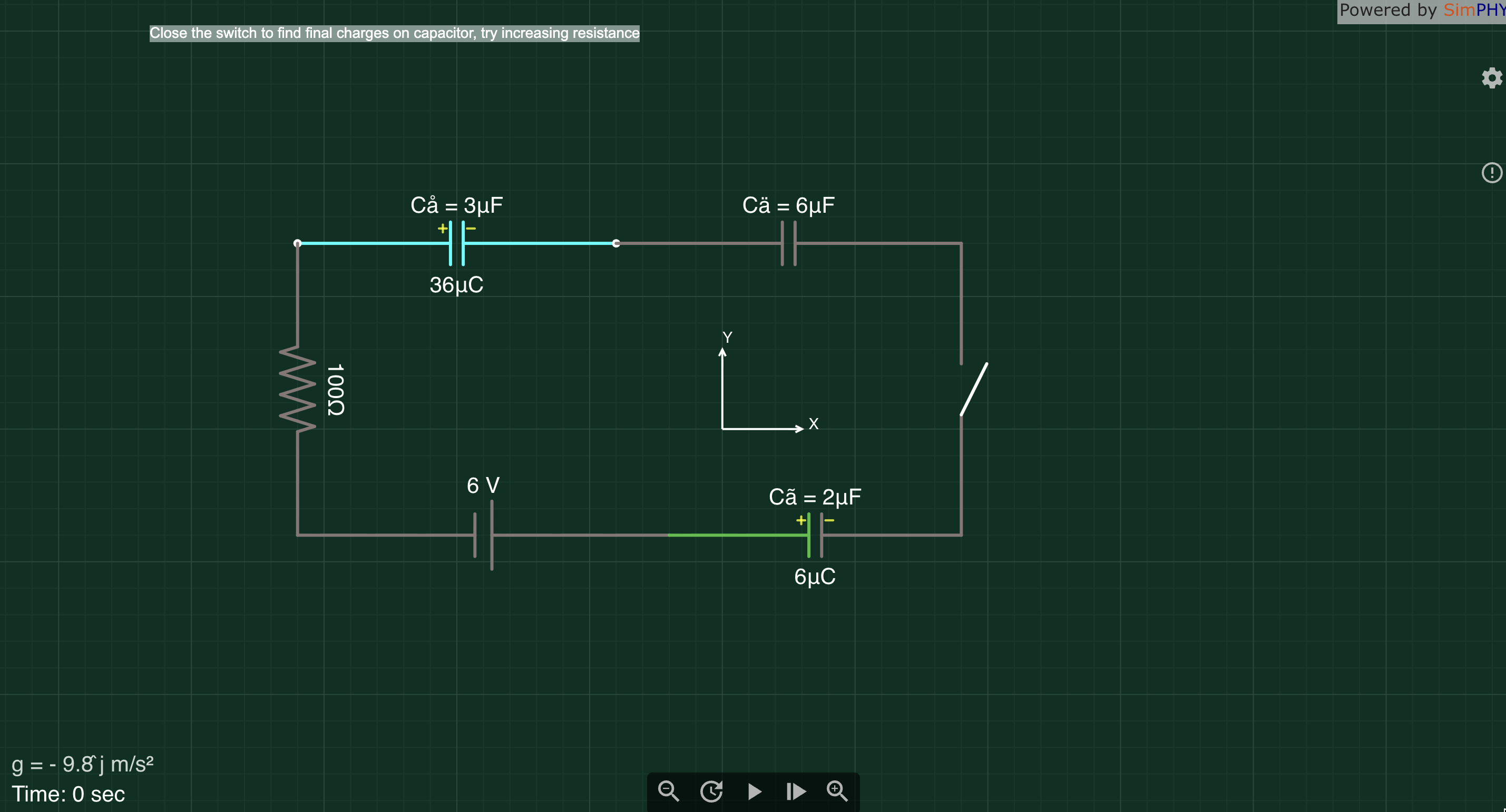 Capacitor charged and uncharged battery simulation